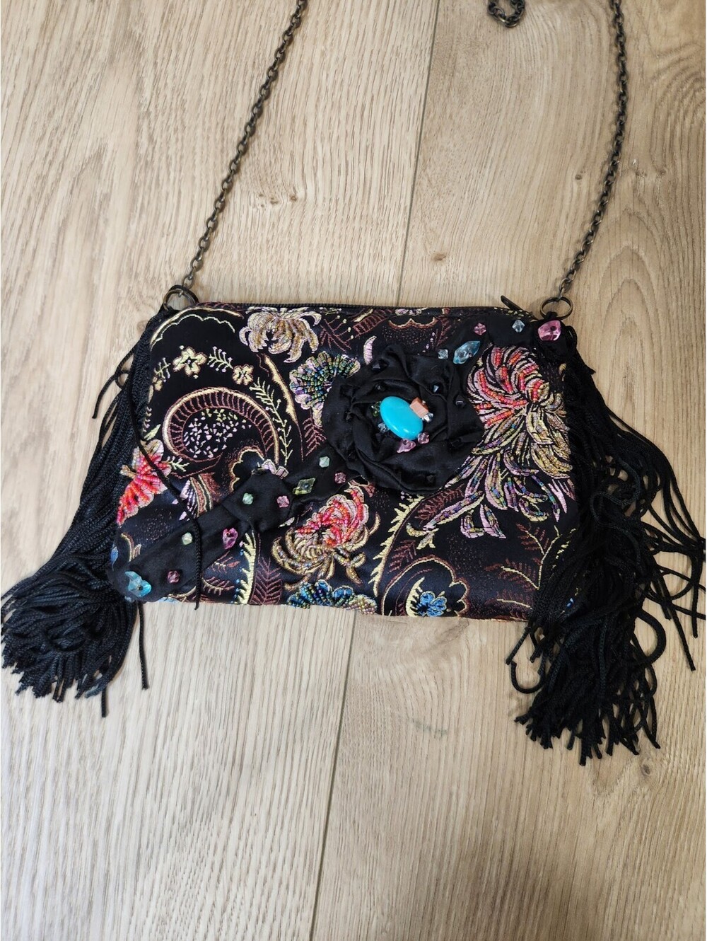 VTG Mary Frances Beaded Embroidered Floral Fringe Clutch Crossbody Chain Bag
